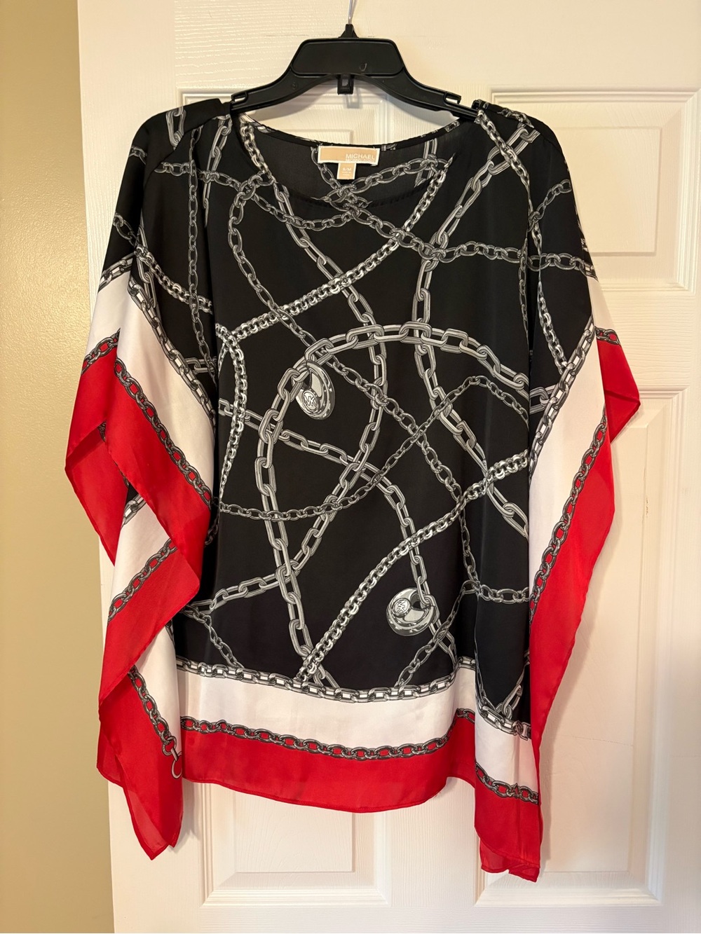 Michael Kors Black Chain-Print Tunic with Red and White Borders